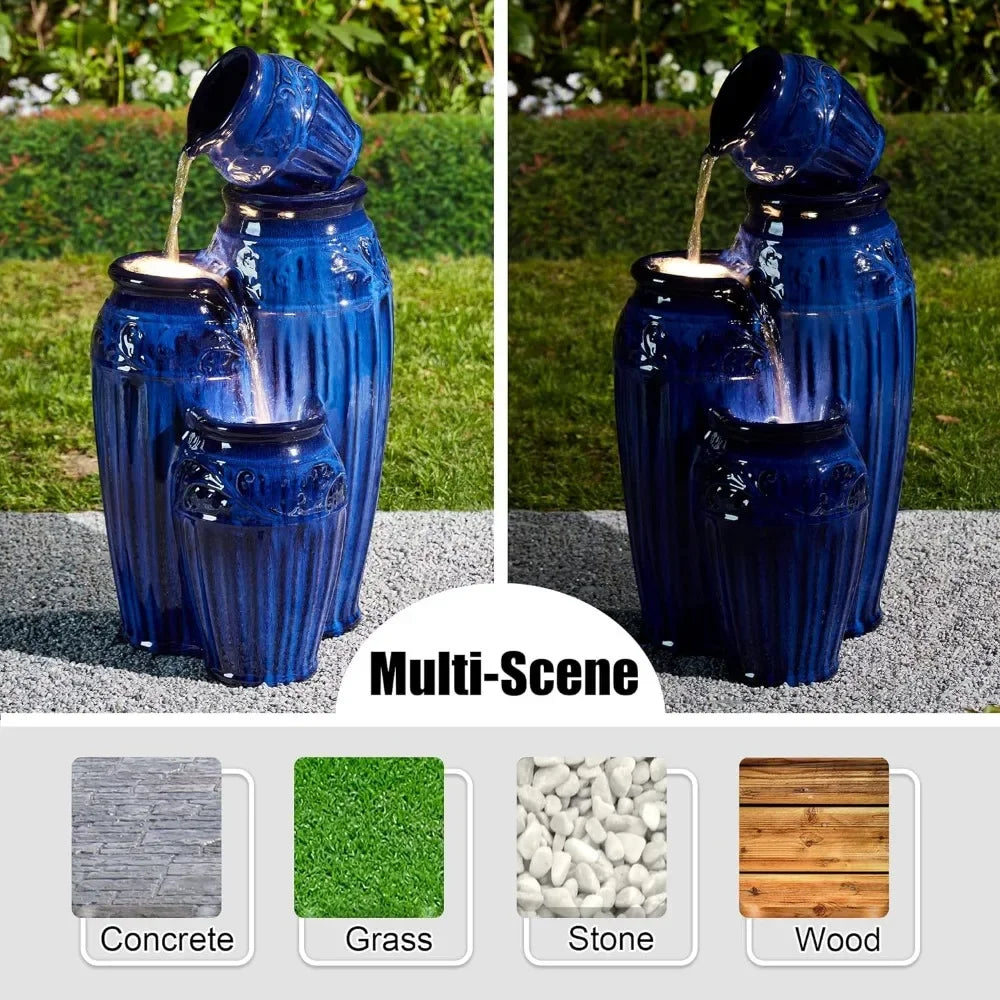 Outdoor Garden Ceramic Pots Cascading Fountain with LED Lights and Pump