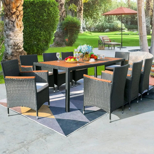 9 Piece Outdoor Patio Dining Set,  Acacia Wood Table and Wicker Chairs with Soft Cushions