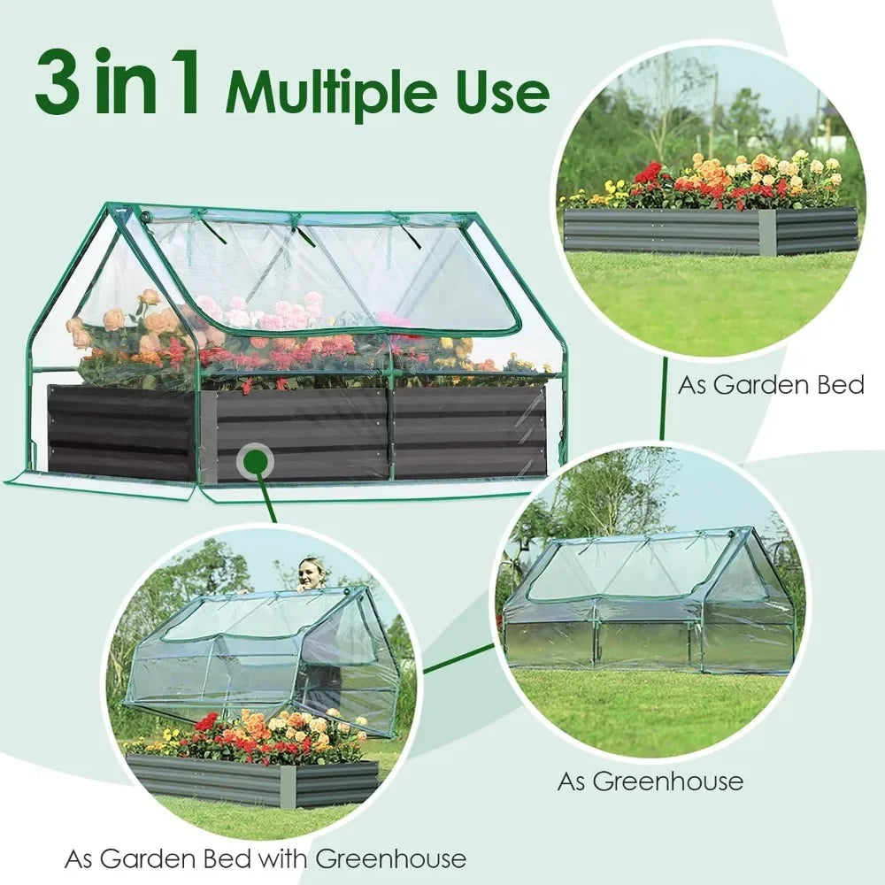 6x3x1ft Galvanized Raised Garden Bed and Mini Greenhouse Cover w/ 2 Large Screen Windows