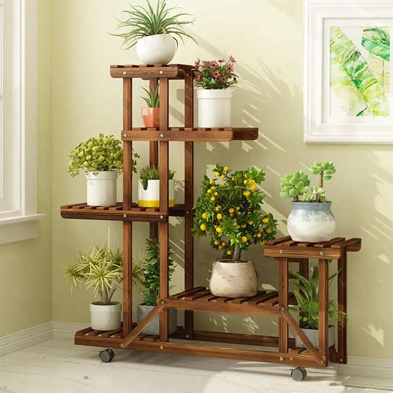 Wooden Plant Stand with Wheels - Multi-Layered