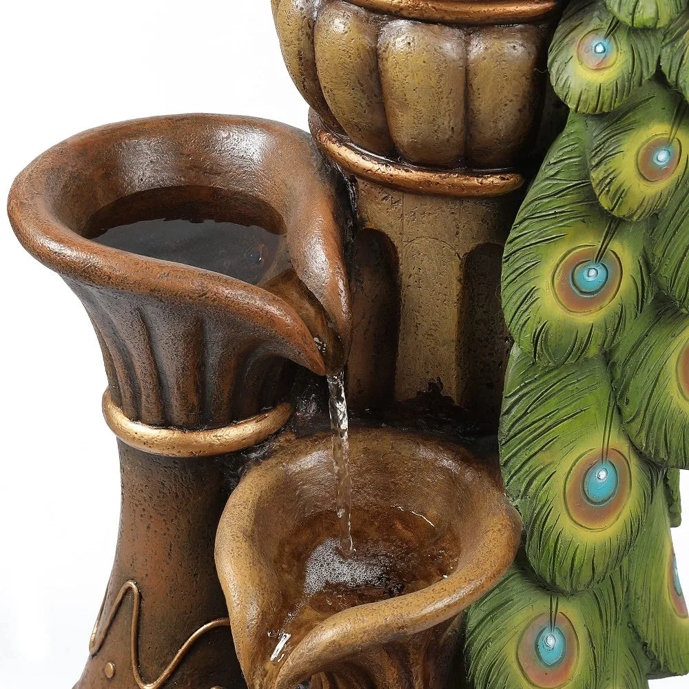 Peacock Pedestal Water Fountain with LED Light