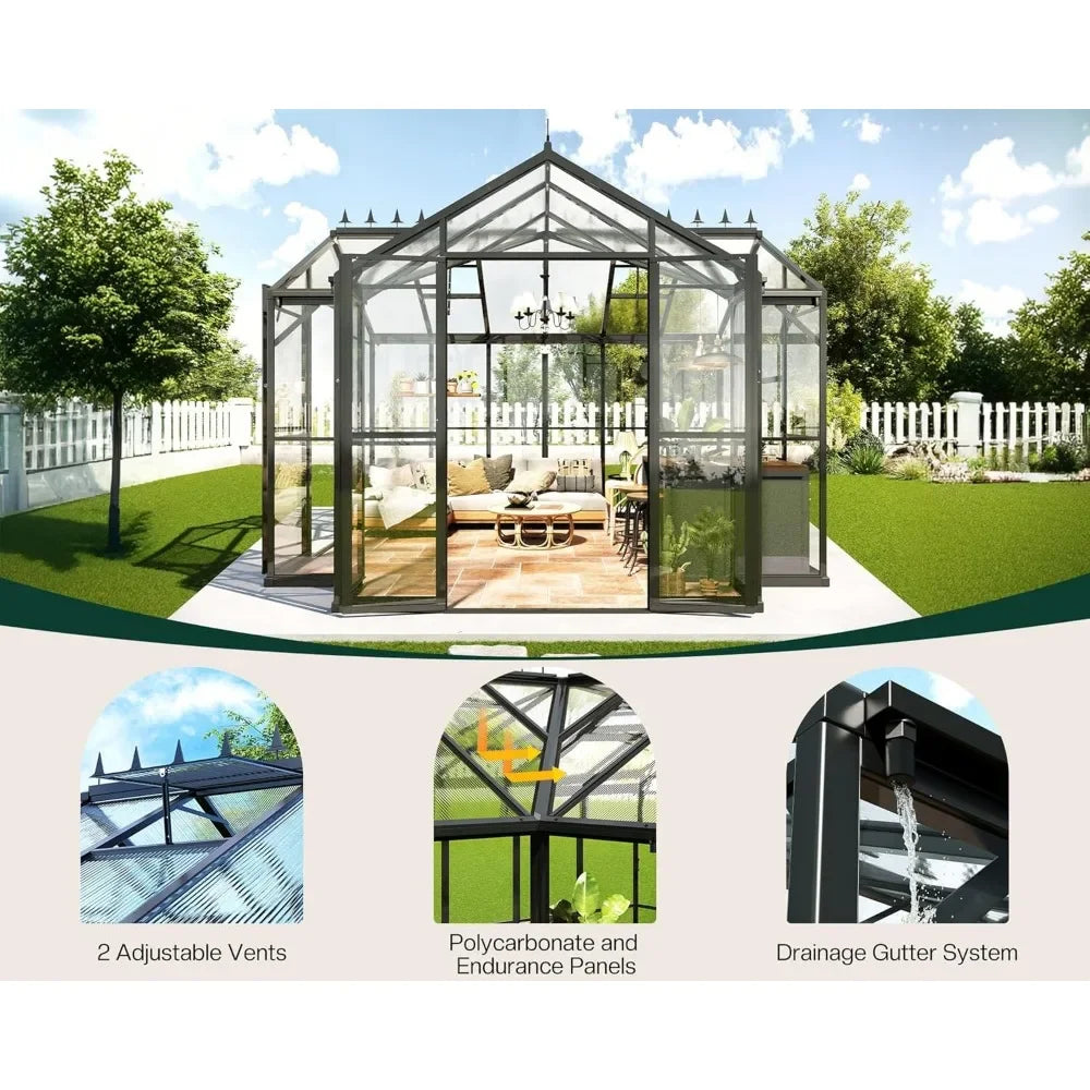 12x10x8 FT Aluminum Walk-in Greenhouse with  2 Vents, 2 Hinged Doors