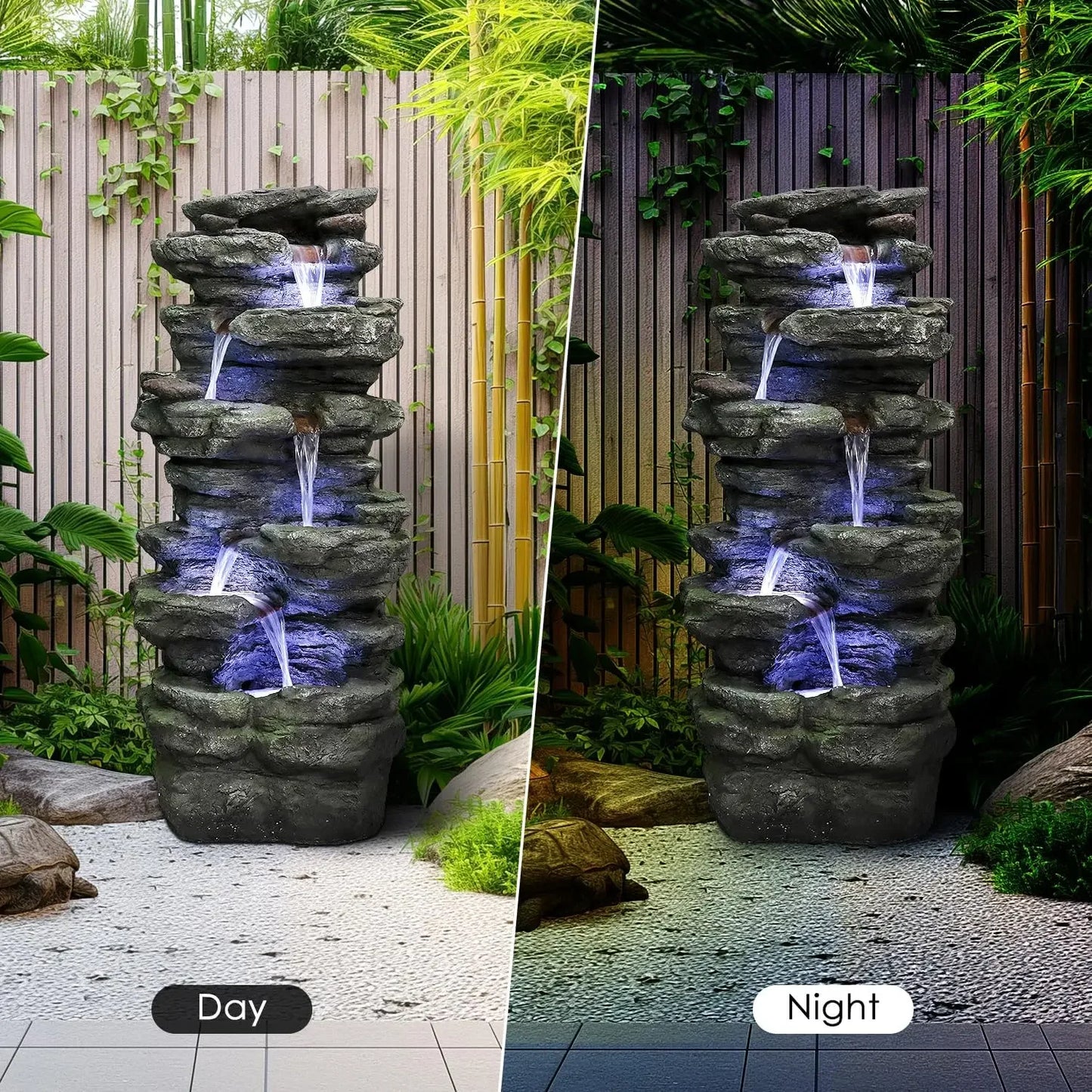 40" High 6-Tiers Cascading Rock Outdoor Water Fountain with LED Lights