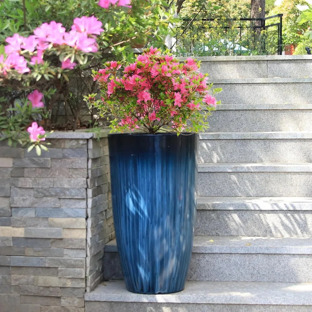 Set of 2 Gradient Blue Glossy Smooth Finish - Tall Plant Pots for Indoor or Outdoor